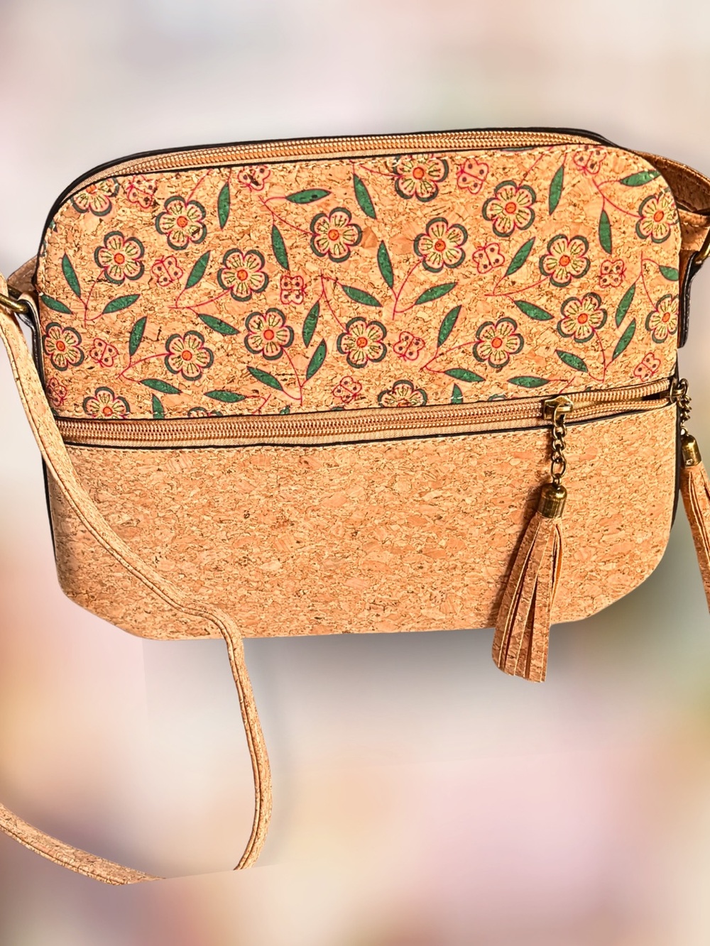 NATURAL CORK CROSSBODY Lightweight Shoulder Bag Floral Design Tassel Accents